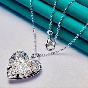 925 Sterling Silver Photo Frame Heart Locket Pendant Necklace 20”Chain
